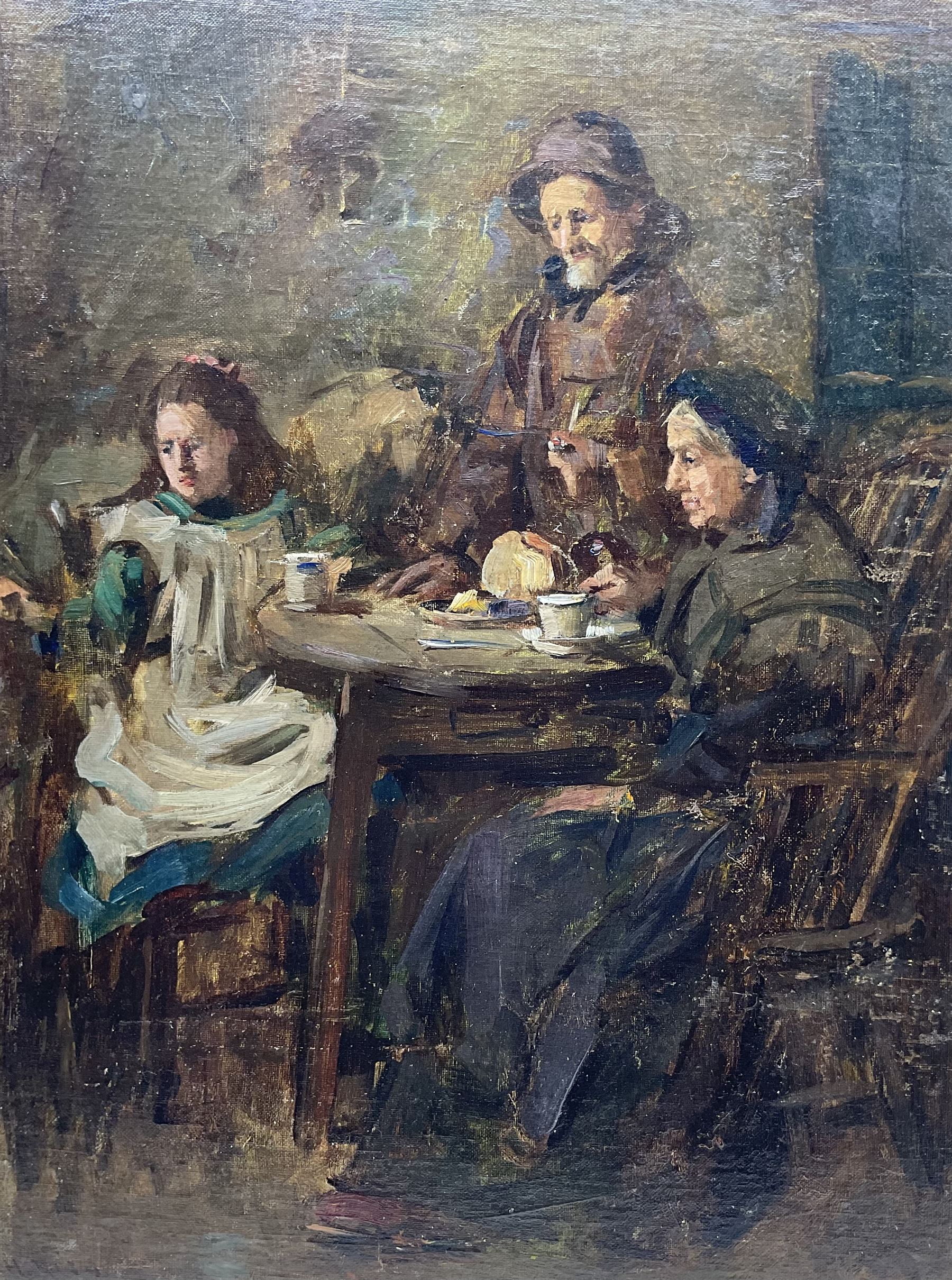 Ernest Higgins Rigg (Staithes Group 1868-1947): Tea Time, oil on canvas signed 49cm x 37cm 
Provenance: private collection, purchased Simon Wood, Brockfield Hall, York; direct from the artist's family.