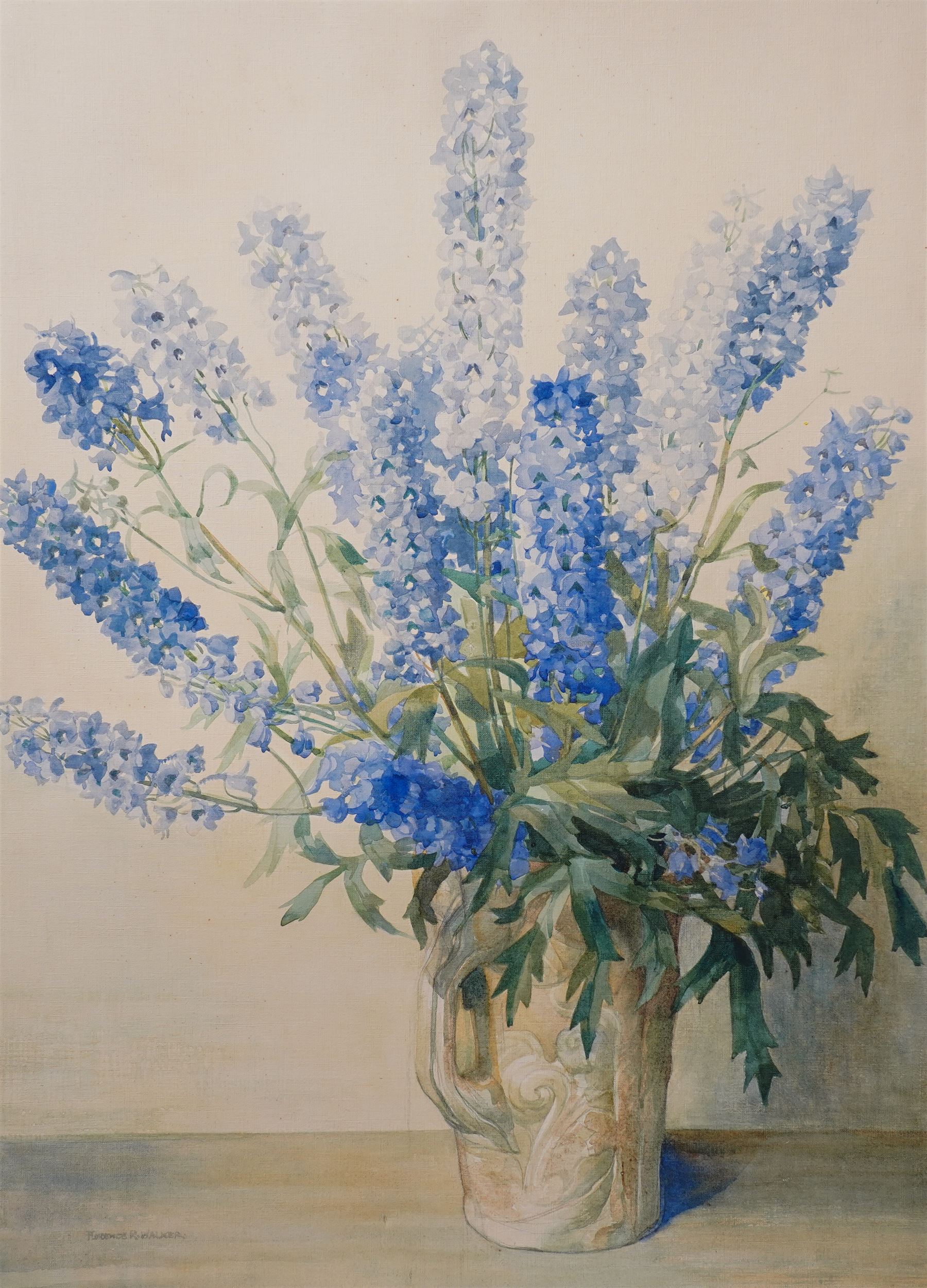 Florence Raingill Walker (British 20th century): Still Life of Blue Delphiniums in a Vase, watercolour signed 75cm x 54cm