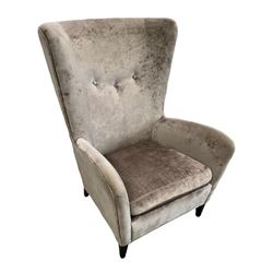 2 x Wing back armchair upholstered in silver crushed velvet fabric