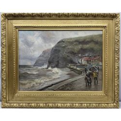 Robert Jobling (Staithes Group 1841-1923): A Blustery Day - Staithes, oil on canvas unsigned 54cm x 74cm 
Provenance: acquired by the vendor from the artist's great-grandson approximately 20 years ago - never previously been on the open market