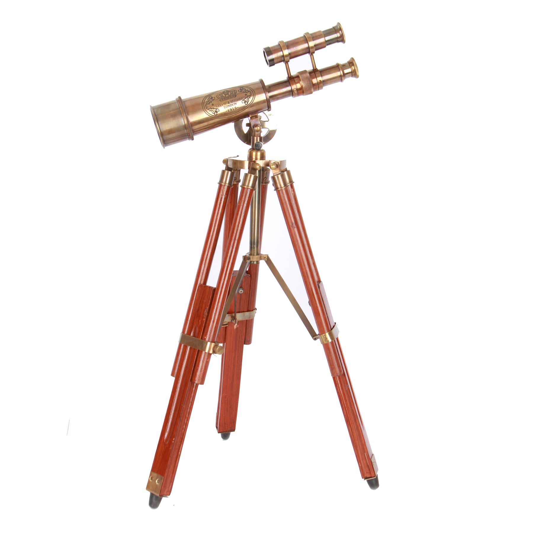 Brass telescope upon a wooden adjustable tripod, H55cm 