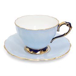 1930s Paragon harlequin set of six coffee cups and saucers, each with cobalt blue and gilt moulded handle and part mottled body (12)