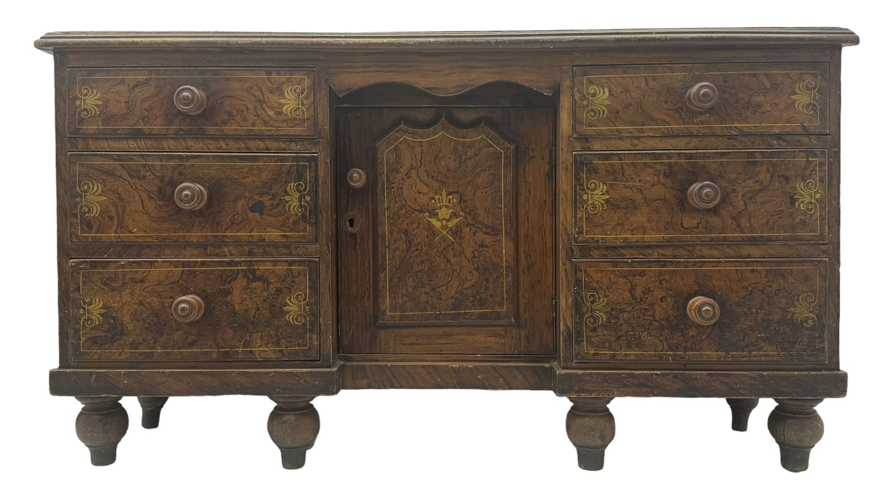 Victorian walnut scumbled pine sideboard, stepped rectangular top over central cupboard with marquetry inlay, flanked by two banks of three drawers fitted with round wooden knobs, raised on turned bun supports