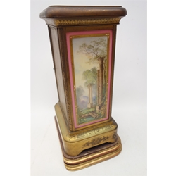  Early 20th century gilt metal mantel clock, porcelain face and side panels painted with lovers in garden landscape, engraved with scrolls and foliage, Roman dial, twin train movement striking the hours and half on bell, back plate stamped '5617', on stepped gilt plinth, H39cm  