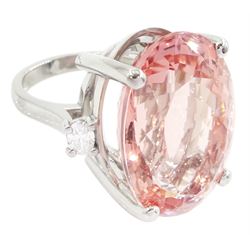 Platinum three stone large oval cut morganite and oval cut diamond ring, hallmarked, morganite 33.80 carat, total diamond weight 0.60 carat, with World Gemological Institute report