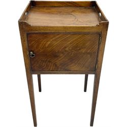 Georgian mahogany bedside cabinet with tray top, enclosed by figured door, on square tapering supports (W41cm, D35cm, H77cm); and a 19th century mahogany bedside or lamp table, square top over undertier fitted with drawer, on square supports (44cm x 44cm, H76cm)