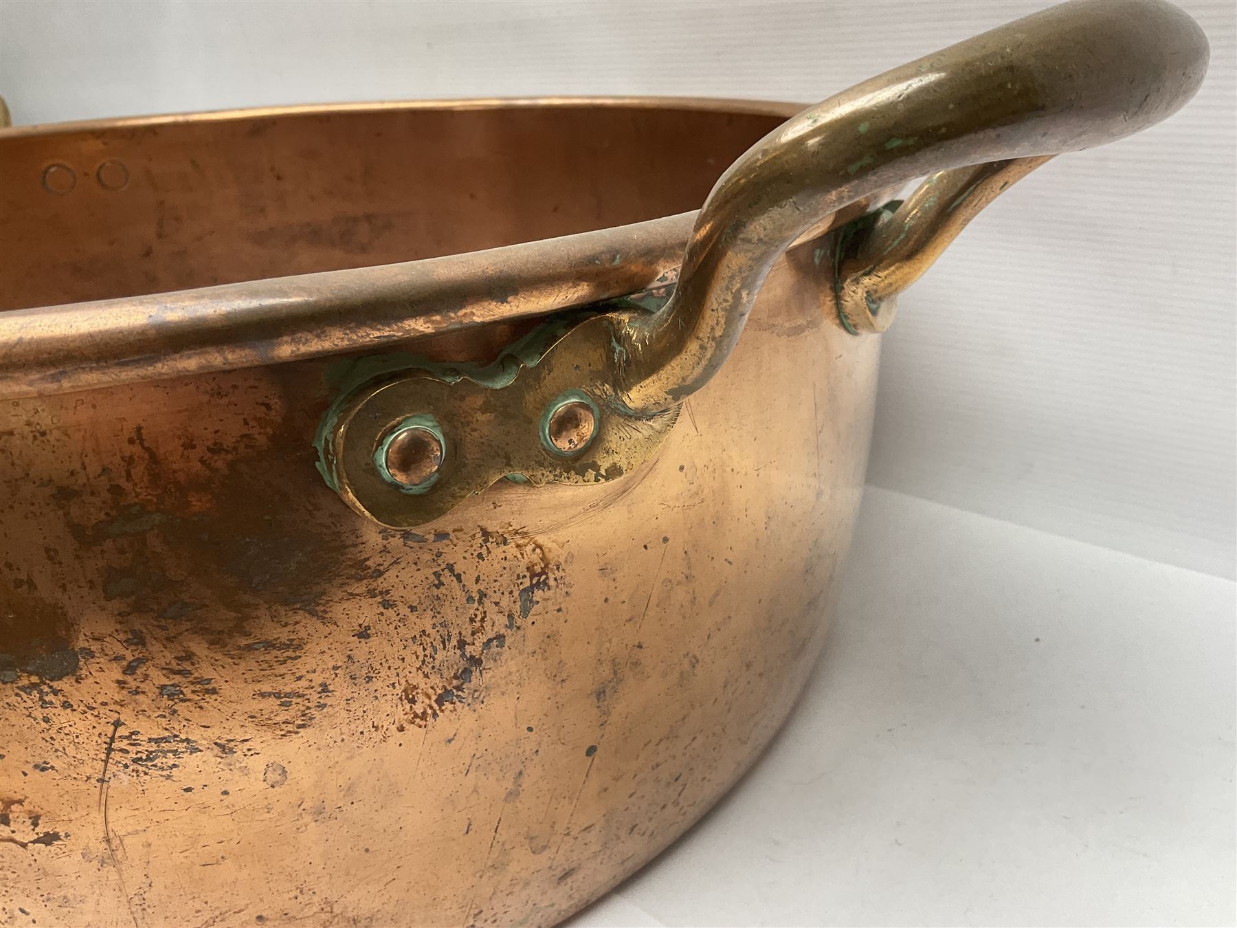 Large Victorian copper twin handled jam or preserve pan, not including handles H18cm D53cm