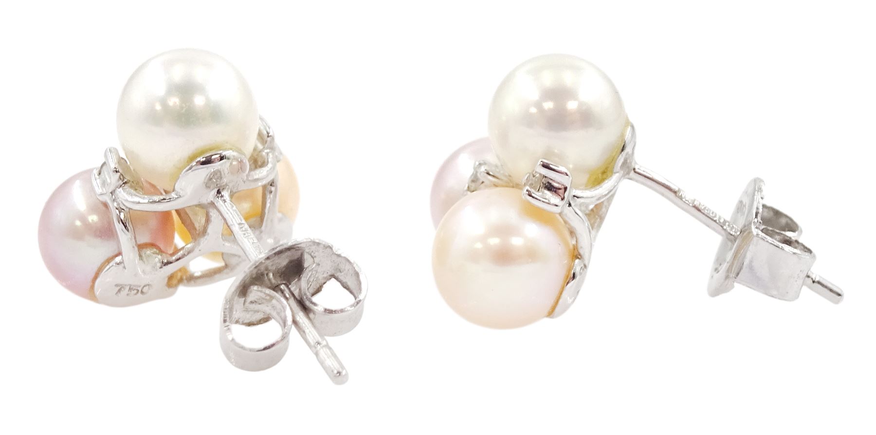 Pair of 18ct white gold three stone peach, pink and white pearl and round brilliant cut diamond cluster stud earrings, Edinburgh 2006