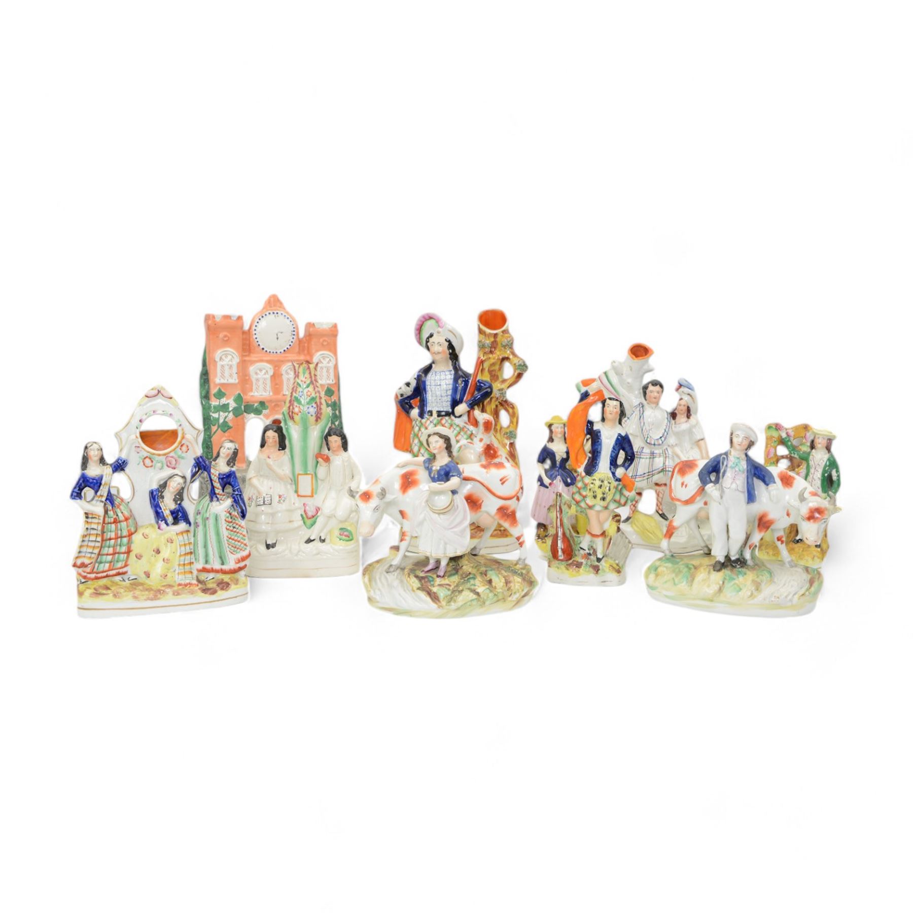 Ten Staffordshire models including pocket watch stands, flatbacks and figures, H36cm (10)