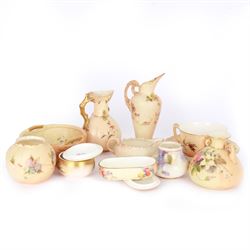 Collection of Royal Worcester ceramics, mostly blush ivory, including trinket dishes, vases, cup and saucer, etc