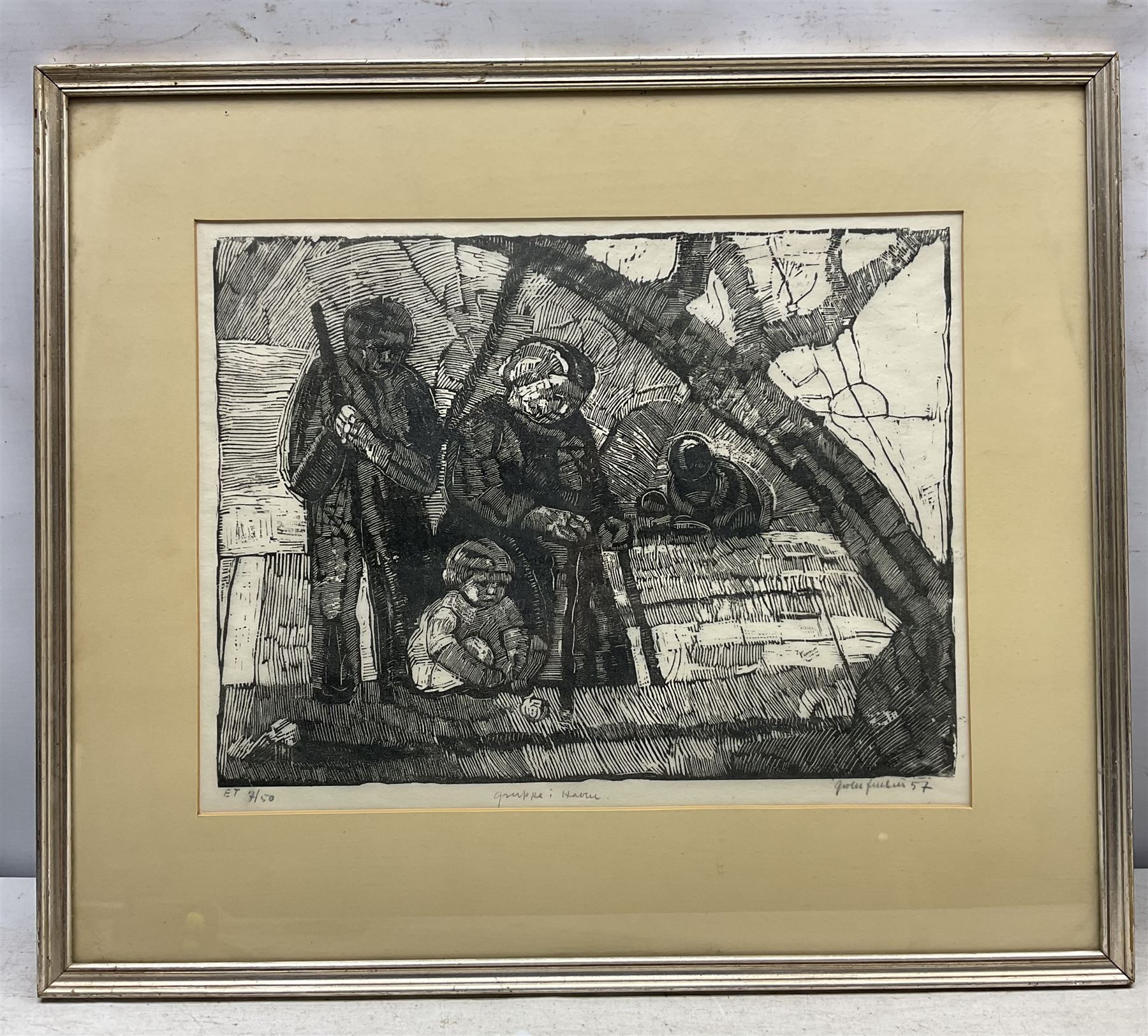 Continental School (20th Century): Mourning Family, limited edition woodblock print indistinctly signed and titled, dated '57 and numbered 7/50 in pencil 32cm x 41cm 