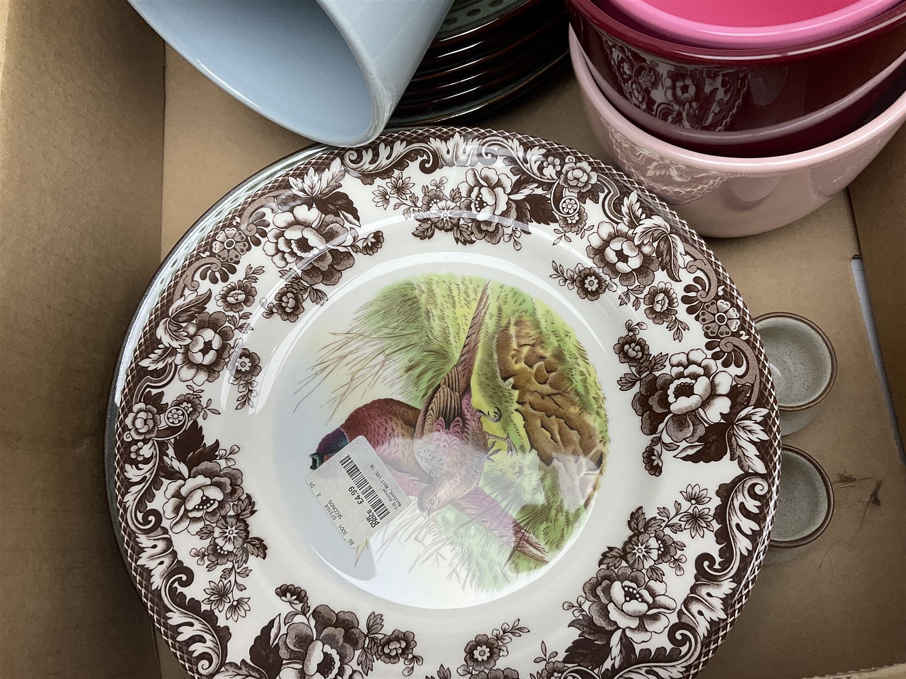 Four large meat platters, Royal Worcester Bunnykins mug and a large collection of other ceramics, including vases, dinner plates, teawares, etc, in five boxes 