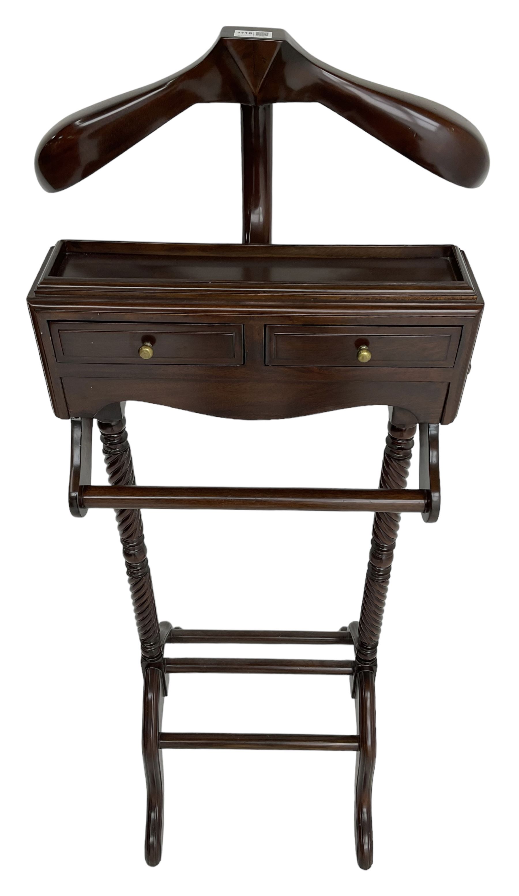 Regency design mahogany dumb-valet, fitted with jacket hanger, over two drawers and rail, twist-turned upright supports, on splayed feet united by shoe rests