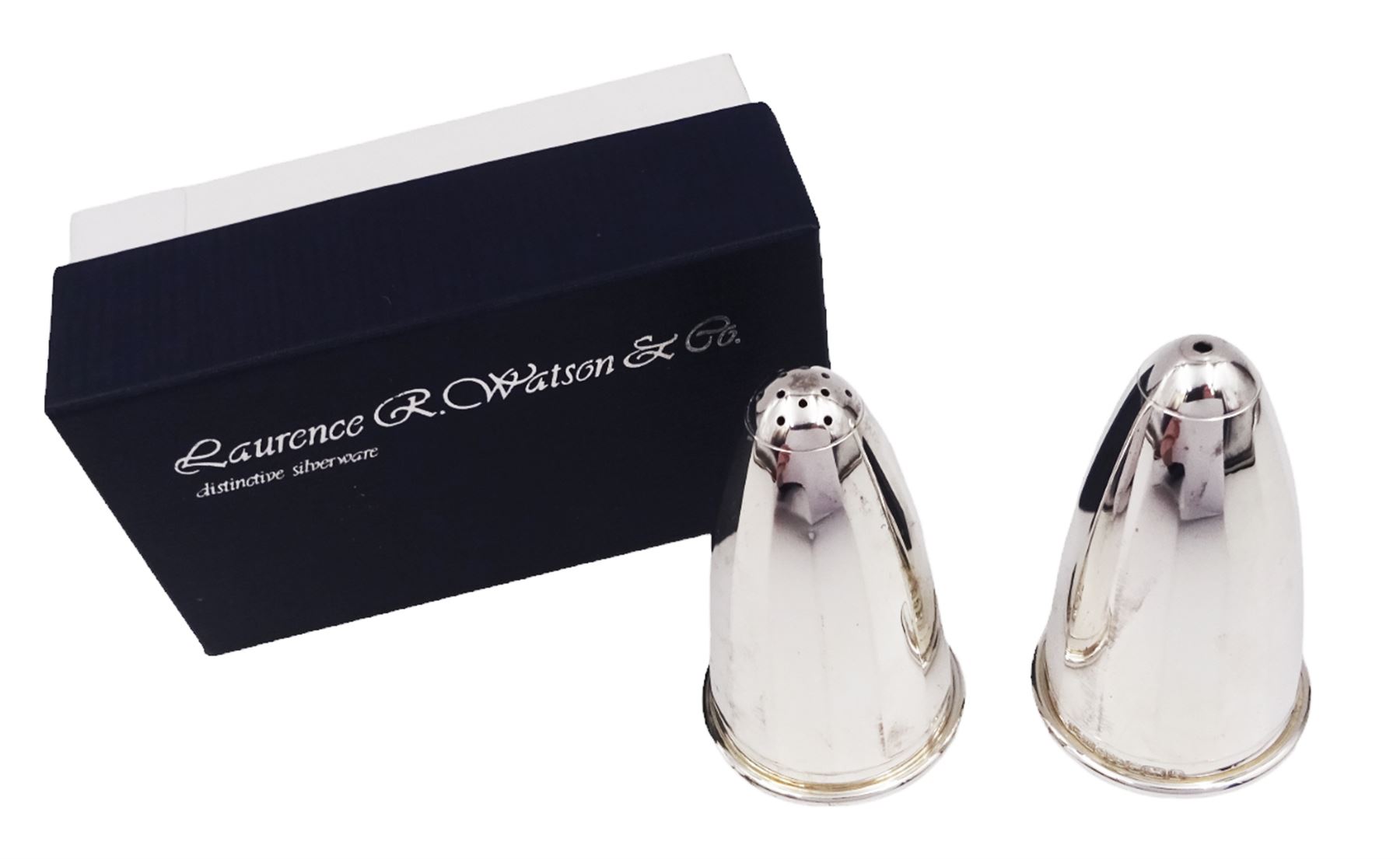 Pair of modern silver salt and pepper shakers, of tapering faceted form, hallmarked Laurence R Watson & Co, Birmingham 2009, H7cm, boxed 