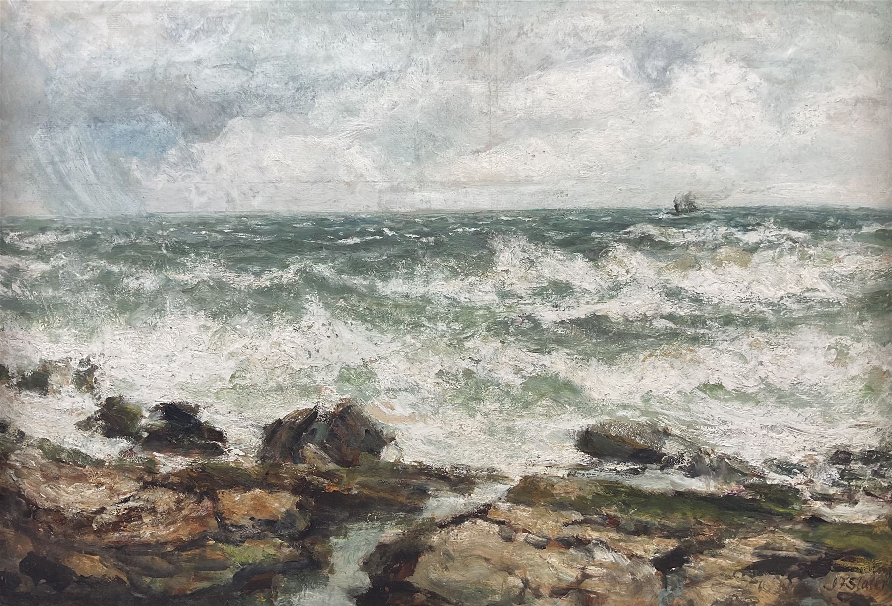 John Falconar Slater (British 1857-1937): Waves Breaking with a Steamer in the Distance, mixed media signed 54cm x 79cm