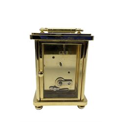 William Widdop - 20th century 8-day  brass cased carriage clock with an enamel dial, Roman numerals, minute track and steel moon hands, single train timepiece movement with a lever platform escapement, housed in a bespoke leather case, with key. 