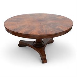 Victorian mahogany breakfast centre table, circular tilt-top with figured segmented veneers, tapering octagonal column on concaved triangular platform, scrolled carved feet 