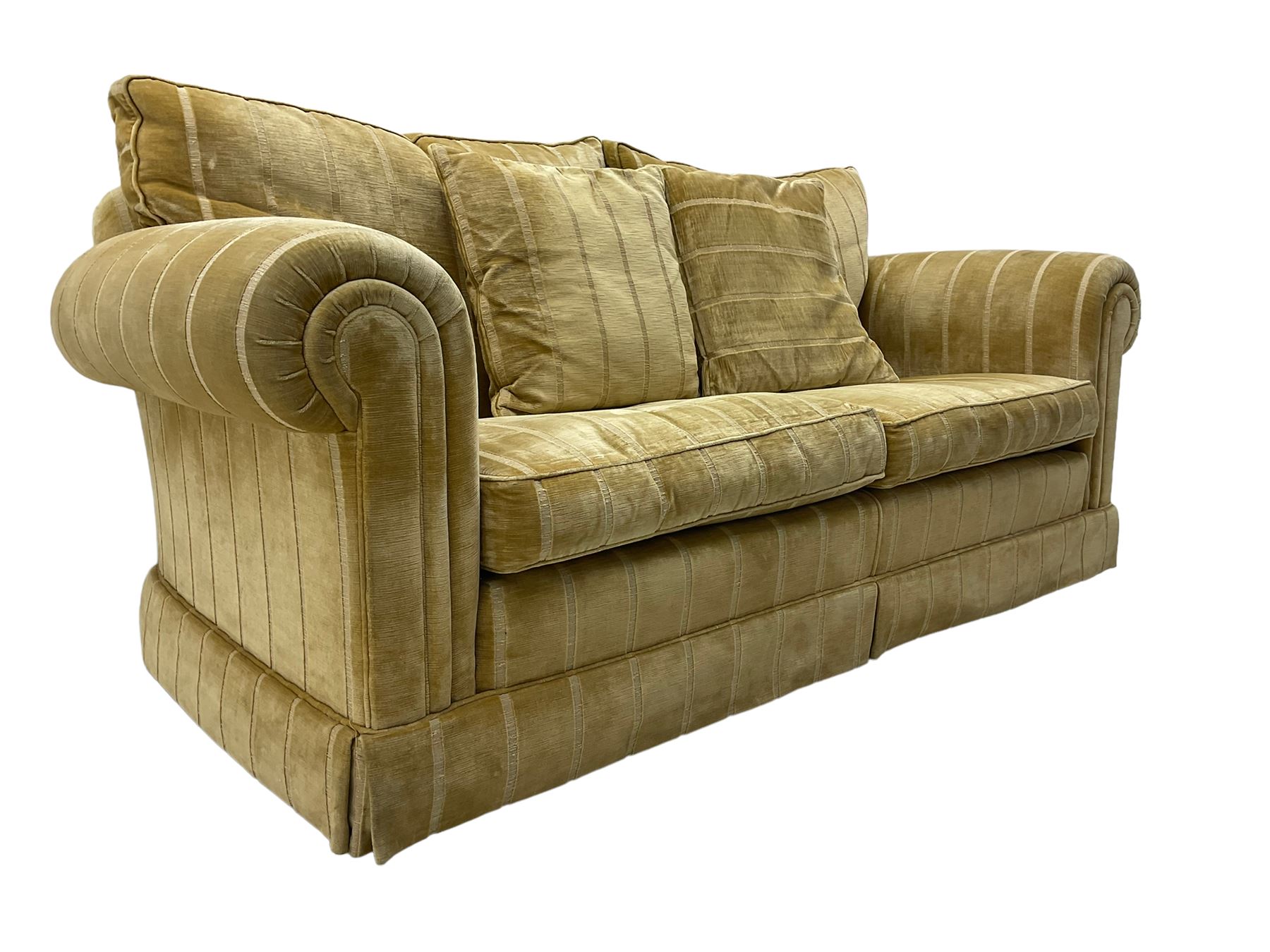 Duresta England - two-seat sofa, upholstered in pale gold fabric, traditional shape with rolled arms