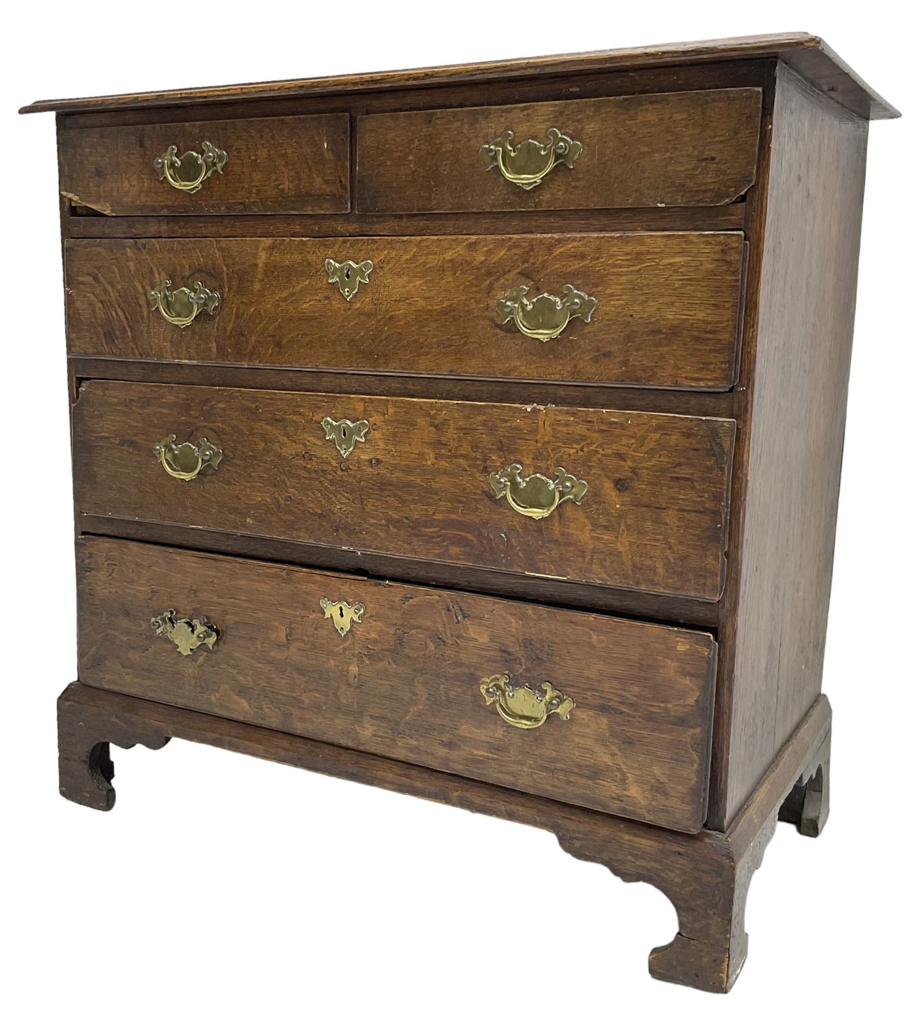 George III oak chest, moulded rectangular top over two short and three long graduating drawers, raised on bracket feet