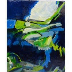  'Self portrait Looking for Frogs', oil on canvas signed and titled verso by Ronald Falck (British Contemporary 1938-2018) Exhibited at Feens winter exhibition 2007 56cm x 46cm unframed and Abstract Landscape, oil on canvas by the same hand unsigned 79cm x 99cm (2)  Notes: The artist is also well known as a sculptor particularly for 'The Dotterel Shepherd Dog & Sheep' located on the A165 Scarborough to Bridlington Reighton road roundabout  