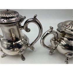 Miniature silver plated four piece tea service, comprising coffee pot, teapot, milk jug and sugar bowl, stamped GRC EPNS beneath, coffee pot H16cm