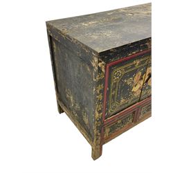 19th century Chinese Qing dynasty painted elm cupboard, Shanxi province, two double cupboards enclosed by doors painted with figure and flower heads, fitted with four small drawer, on stile supports 