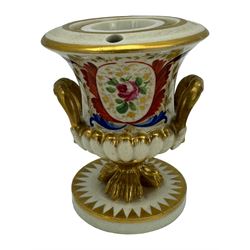 Early 19th century Derby porcelain to include a campana form inkwell, small bottle form vase, twin handled vase and flared rim vase, hand painted with a landscape scene, H10cm (4)