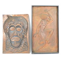 Two Copper embossed panels, the first depicting an African warrior, the second an African ...