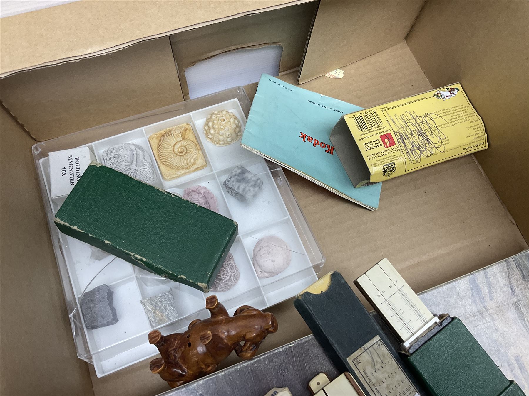 Collection of surgical and similar instruments, RAC and AA badges, and slide rules including Aristo examples, etc, in three boxes