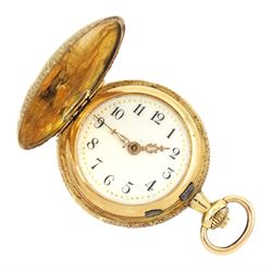 Early 20th century 14ct gold full hunter keyless cylinder fob watch, cream enamel dial wit...