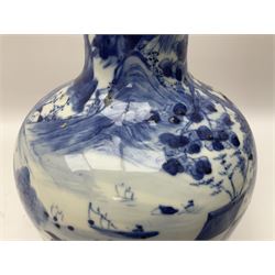 Late 18th/early 19th century Chinese blue and white bottle vase, decorated with a landscape scene containing dwellings, prunus and pine trees, boats and bridges, and populated with figures, with character mark beneath, H35cm