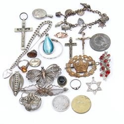 Silver jewellery, including charm bracelet, baby bracelet and curb link bracelet, wishbone brooch marked Australia, stamped 9c, 1889 Queen Victoria half crown, costume jewellery and other coins