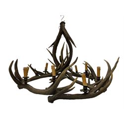 Deer antler chandelier, of circular shaped form, with nine fitted lights, D84cm, H65cm