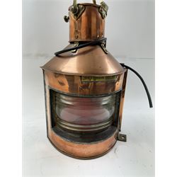 1940s copper and brass ship's corner lamp, converted to electricity, with applied plaque inscribed bow starboard patt.24, dated 1944, including handle H46cm 