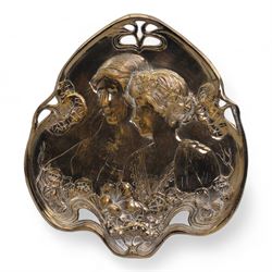 Art Nouveau pewter card tray, after WMF, depicting two maidens amongst stylised flowers, 23cm x 21cm