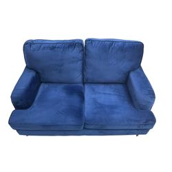 Howard design - two-seat sofa upholstered in blue fabric, traditional shape with rolled arms, on walnut finish turned feet with brushed metal cups and castors