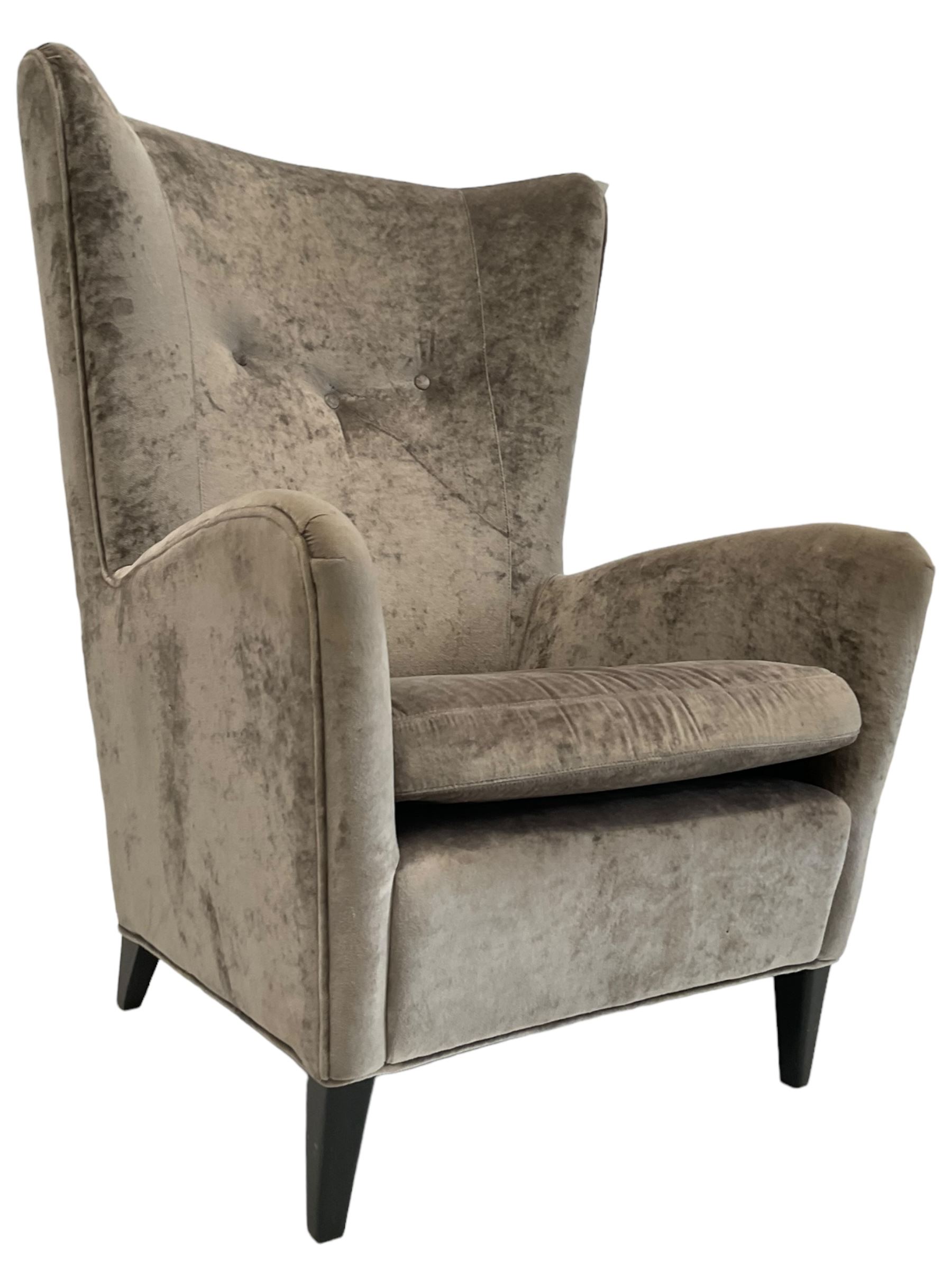 2 x Wing back armchair upholstered in silver crushed velvet fabric