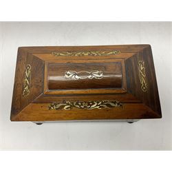 Victorian inlaid rosewood tea caddy of sarcophagus form H18cm