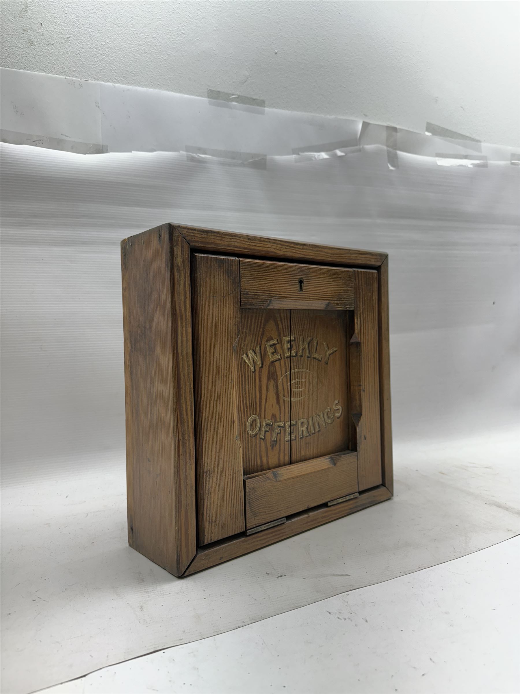 Oak collection box, the painted lettering 'weekly offerings' to the hinged front, with key, H31cm