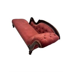 Victorian mahogany framed chaise longue, upholstered in pink velvet, the scrolled back with button-tufting, on turned feet