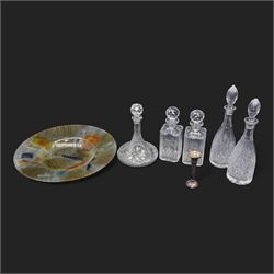 Large Art Glass dish D45cm, silver trumpet shape vase, pair of glass spirit decanters and three others