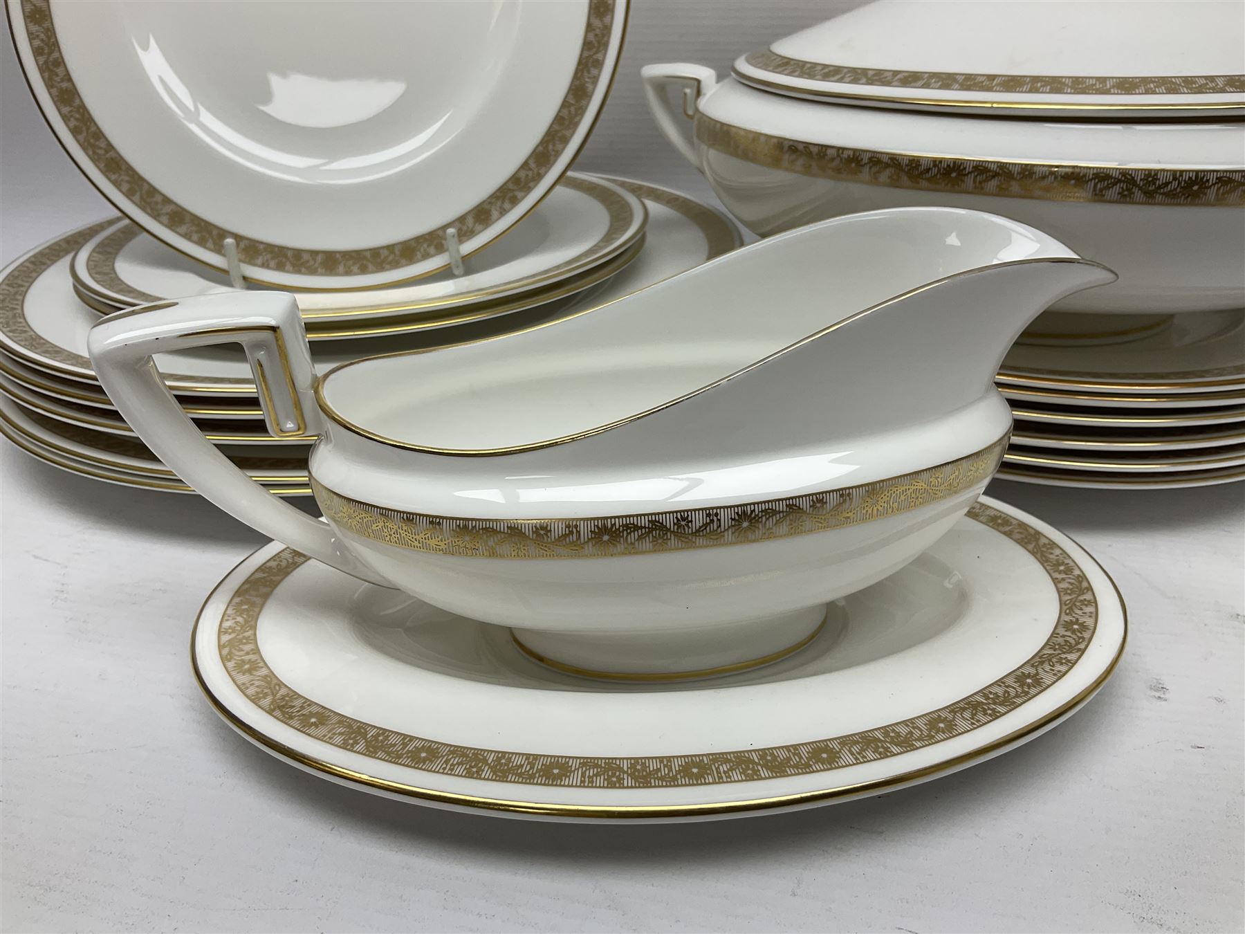 Royal Worcester Golden Anniversary pattern dinner wares, including ten dinner plates, twelve side plates, eight twin handled bowls and saucers, covered tureen (55)