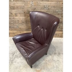 Wing back armchair upholstered in cocoa brown leather