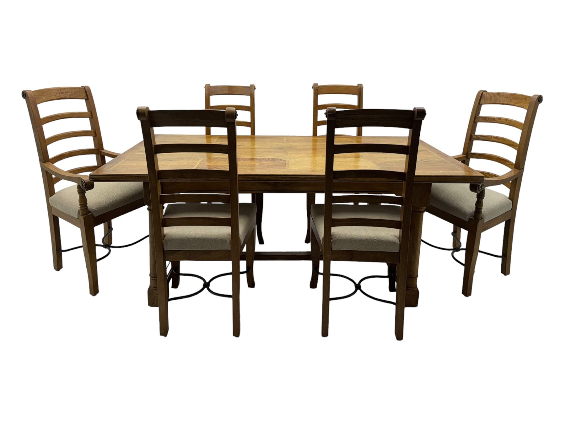 Barker & Stonehouse 'Flagstone' range mango wood dining table, fluted rectangular top with marquetry inlay, raised on turned supports connected by fluted H-stretcher; six (4+2) slatted-back chairs with beige upholstered seats H112cm 