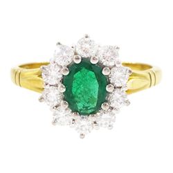 18ct gold oval cut emerald and round brilliant cut diamond cluster ring, emerald approx 0....