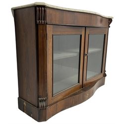 Victorian rosewood side cabinet, shaped and moulded white marble top over plain frieze, single shelf enclosed by two glazed doors, flanked by square pilasters with S-scroll carved brackets, on plinth base