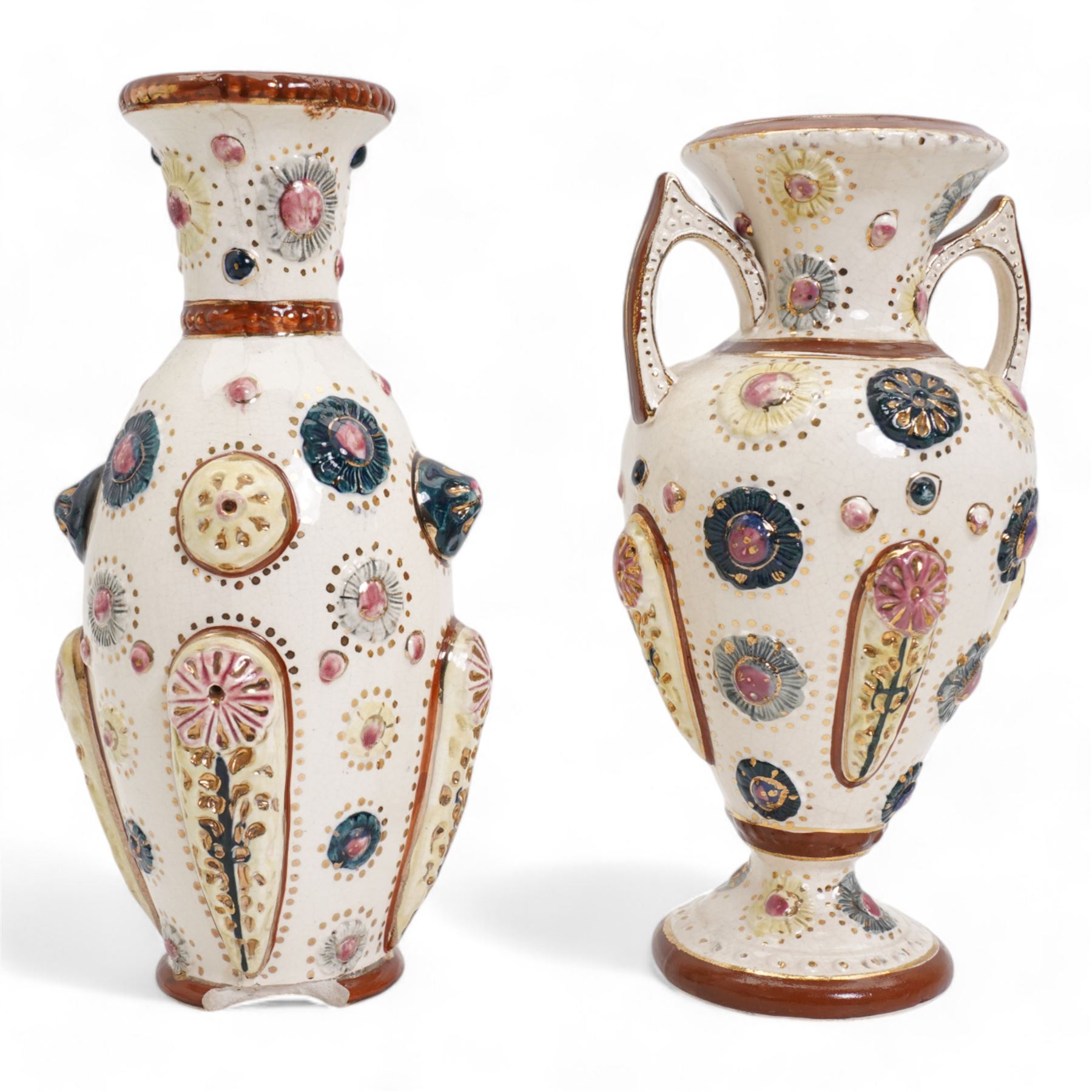 Zsolnay Pecs reticulated pedestal bowl, of goblet form, H10.5cm together with two Zsolnay style vases (3)