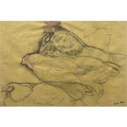 Georges Henri Manzana-Pissarro (French 1871-1961): Study of Hens, charcoal on buff paper highlighted with watercolour and crayon signed with the Artist's Stamp 33cm x 48cm