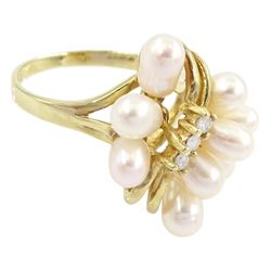 9ct gold pearl and three stone diamond cluster ring, Birmingham import mark 1992