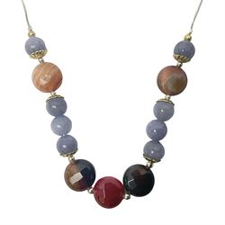 Silver blue lace, red, brown and orange agate necklace, stamped 925